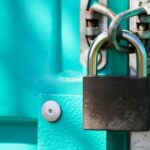 a close up of a padlock on a door